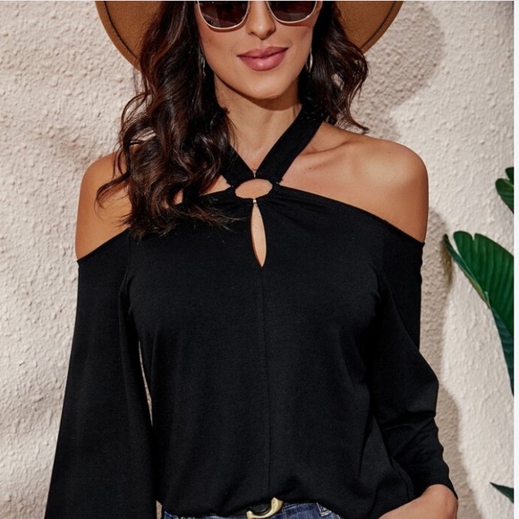 Michael Kors, black cold shoulder flared sleeve shirt - Picture 2 of 11
